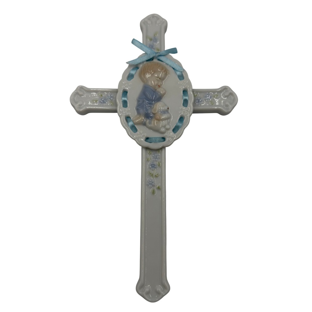 Vintage Porcelain Praying Boy and Puppy Wall Cross Blue Ribbon Nursery Decor